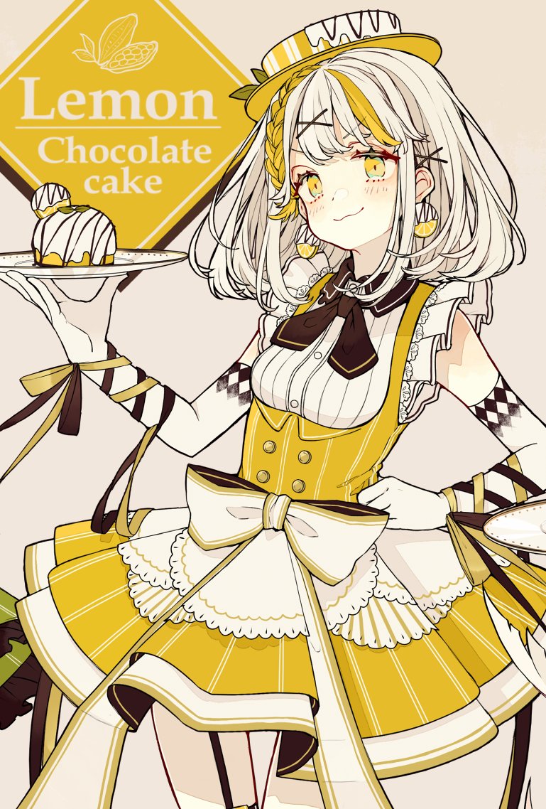 1girl :3 akakura apron argyle arm_ribbon arm_tattoo black_collar black_neckerchief black_ribbon blonde_hair bow braid brown_background buttons cake chocolate_syrup chokokeki_6_shimai clenched_hand closed_mouth collar collared_dress collared_shirt commentary_request cowboy_shot dangle_earrings dress earrings english_text eyelashes food food-themed_earrings frilled_shirt frills fruit gold_ribbon gold_trim hair_ornament hairclip hand_on_own_hip hat holding holding_plate icing jewelry lace-trimmed_apron lace-trimmed_shirt lace_trim layered_apron leaf_hat_ornament lemon lemon_earrings lemon_slice light_blush looking_ahead medium_hair multicolored_hair neckerchief original plate pleated_dress ribbon shirt short_dress simple_background single_braid sleeveless sleeveless_dress sleeveless_shirt smile solo streaked_hair striped striped_apron striped_dress striped_headwear striped_shirt tattoo v-shaped_eyebrows vertical-striped_apron vertical-striped_dress vertical-striped_headwear vertical-striped_shirt vertical_stripes waist_apron waist_bow white_apron white_bow white_hair white_shirt x_hair_ornament yellow_dress yellow_eyes yellow_headwear