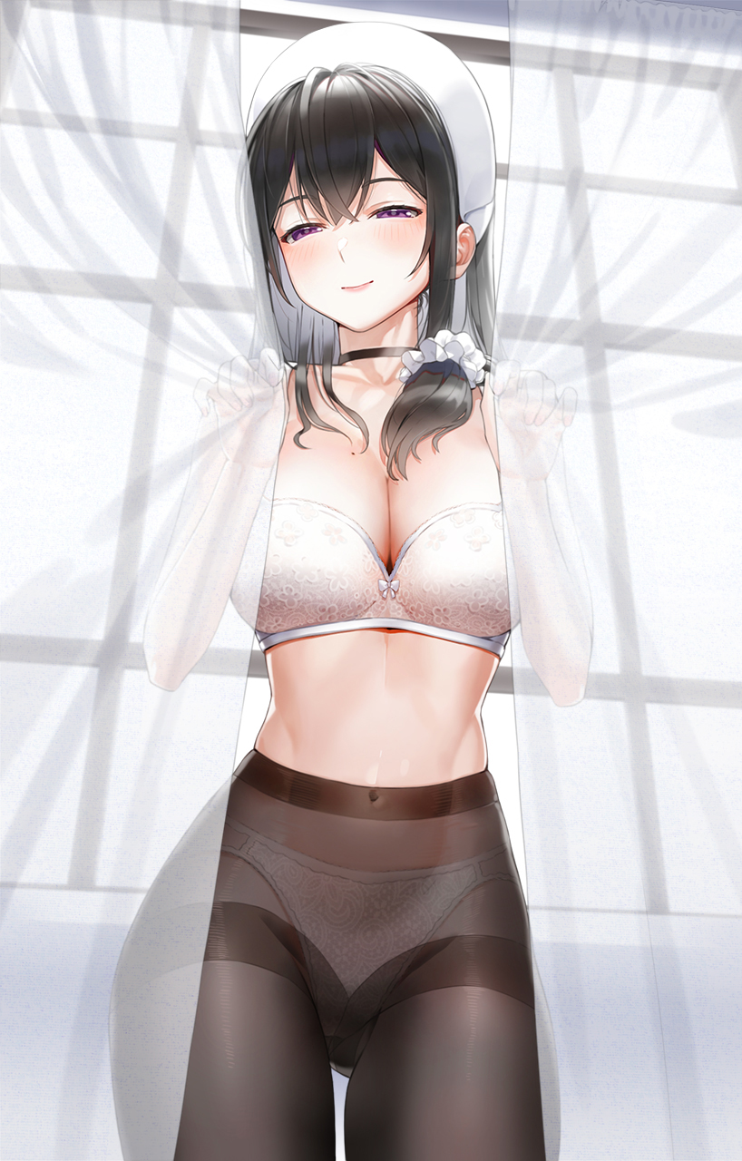 1girl bare_shoulders black_hair blush bra breasts brown_pantyhose choker cleavage collarbone covered_navel curtains hat highres kfr large_breasts long_hair looking_at_viewer nurse_cap original panties panties_under_pantyhose pantyhose purple_eyes smile solo thighband_pantyhose thighs underwear white_bra white_headwear white_panties window