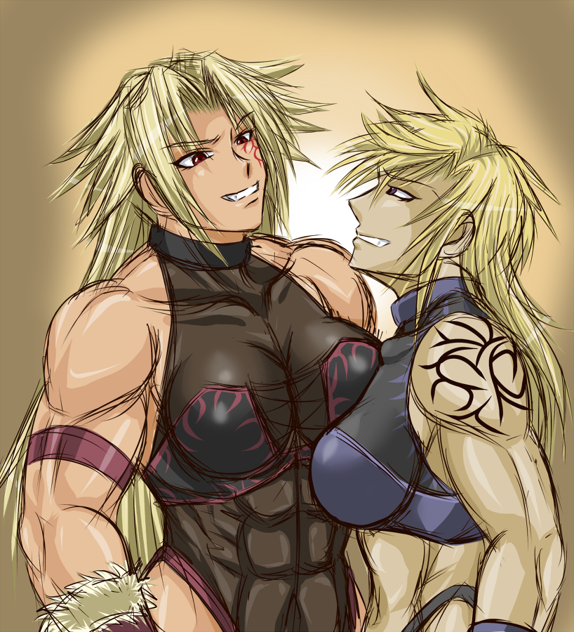 2girls abs armband blonde_hair breasts facial_tattoo gloves halter_top halterneck high_collar leotard long_hair multiple_girls muscle purple_eyes red_eyes see-through sketch sneer taroimo_(00120014) tattoo wrestler wrestling_outfit