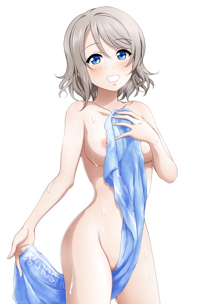 areolae bare_shoulders blue_eyes blue_towel blush breasts collarbone covering covering_breasts grey_hair grin holding holding_towel looking_at_viewer love_live! love_live!_sunshine!! medium_breasts miel_(lessontome) nipples nude simple_background smile solo towel watanabe_you wet white_background