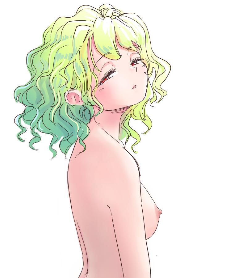 1girl breasts commentary_request completely_nude gradient_hair green_hair half-closed_eyes kazami_yuuka looking_to_the_side multicolored_hair nipples nude open_mouth red_eyes s-a-murai short_hair small_breasts solo touhou variant_set wavy_hair white_background