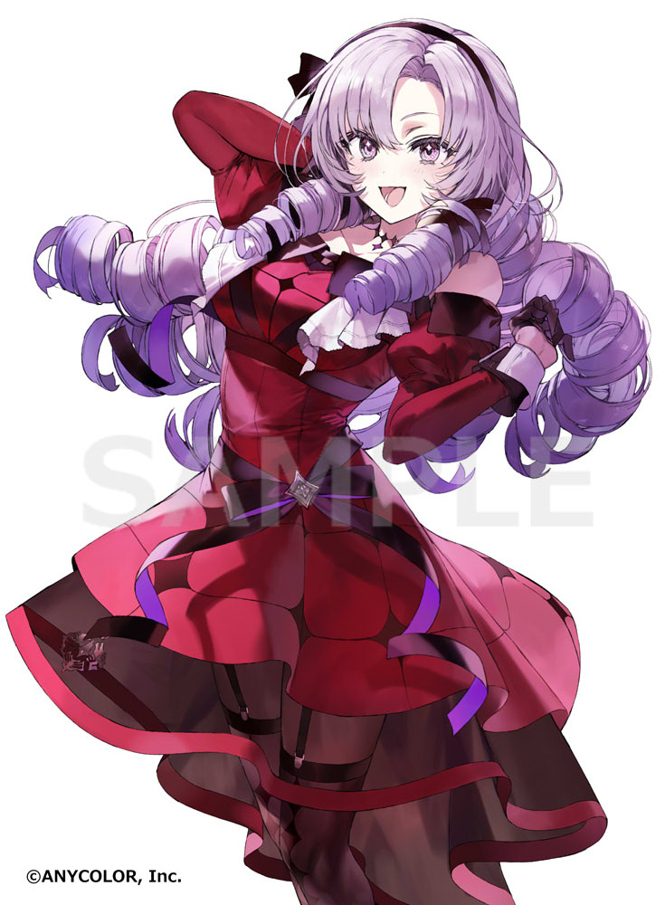 1girl black_gloves dress drill_hair gloves half_gloves hyakumantenbara_salome hyakumantenbara_salome_(1st_costume) juliet_sleeves long_hair long_sleeves nijisanji official_art open_mouth puffy_sleeves purple_eyes purple_hair red_dress sample_watermark simple_background smile solo virtual_youtuber wata_(attaka_towel) watermark white_background