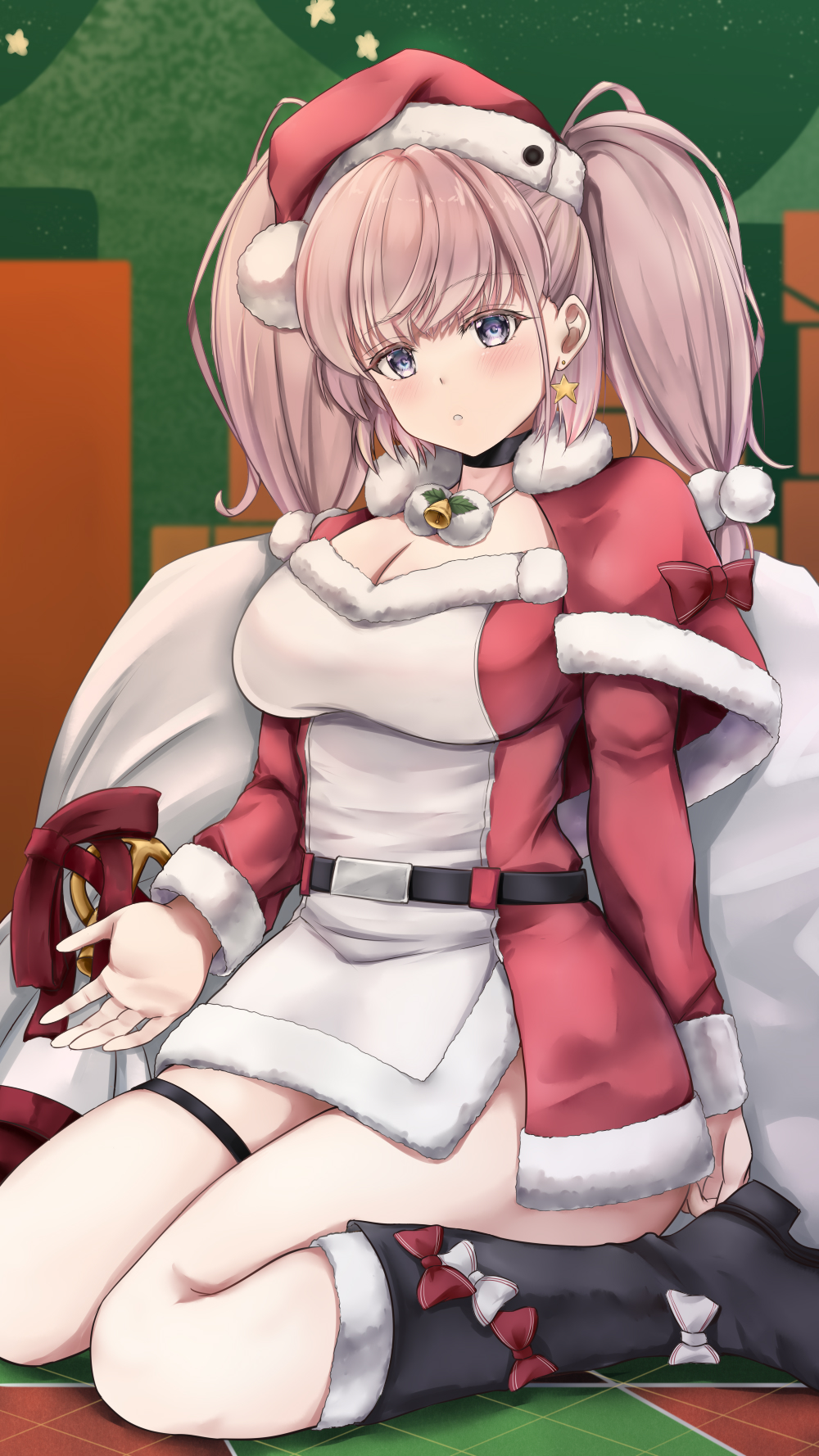 1girl atlanta_(kancolle) bell black_choker black_footwear blush boots breasts brown_hair capelet choker cleavage fur-trimmed_capelet fur_trim grey_eyes hat highres kantai_collection knee_boots koru_pera large_breasts long_hair looking_at_viewer official_alternate_costume parted_lips pom_pom_(clothes) red_capelet red_headwear sack santa_costume santa_hat solo two_side_up