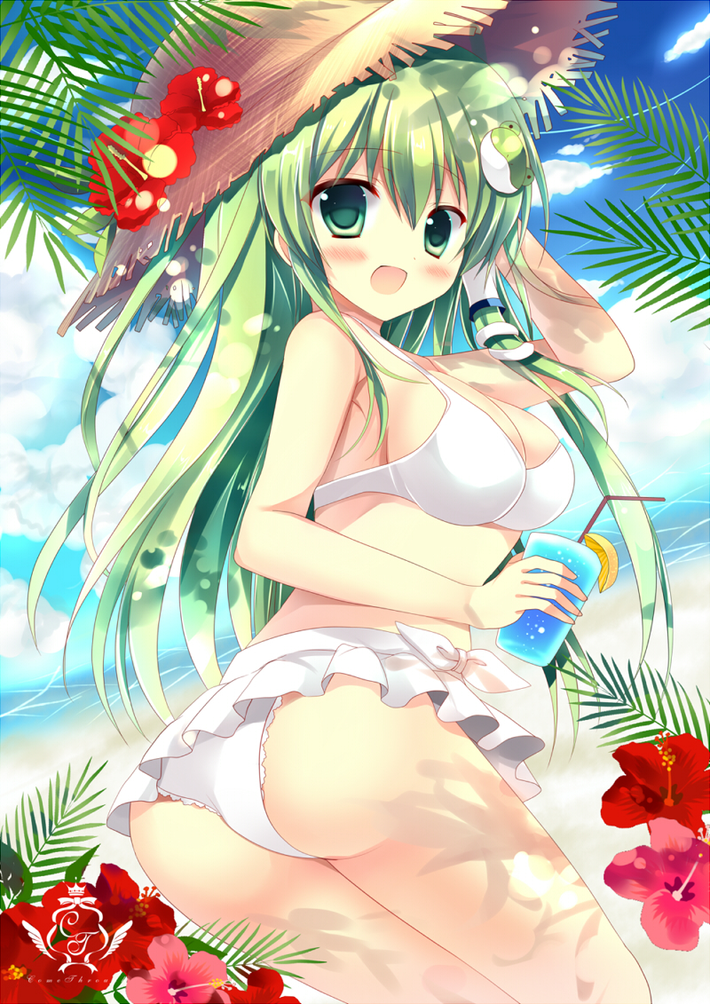 ass azumi_kazuki beach bikini bikini_skirt blue_sky blush breasts cleavage cloud cup day drinking_straw duplicate flower frog_hair_ornament green_eyes green_hair hair_ornament hat hat_flower hibiscus kochiya_sanae large_breasts long_hair looking_at_viewer outdoors palm_tree sideboob sky smile snake_hair_ornament solo straw_hat sun_hat swimsuit touhou tree twisted_torso very_long_hair white_bikini