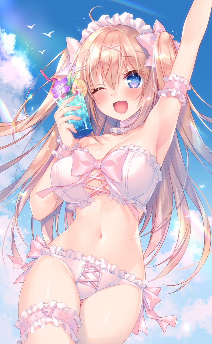 1girl ahoge arm_garter arm_up armpits bare_shoulders bikini blonde_hair blue_eyes blue_sky bow breasts bridal_garter choker cleavage cup day drinking_glass frilled_bikini frills hair_ornament hand_up headdress highres holding large_breasts long_hair looking_at_viewer navel one_eye_closed open_mouth original outdoors pink_bow side-tie_bikini_bottom sky smile solo sorai_shin'ya stomach strapless strapless_bikini swimsuit thighs traene_(sorai_shin'ya) tropical_drink two_side_up white_bikini white_choker x_hair_ornament