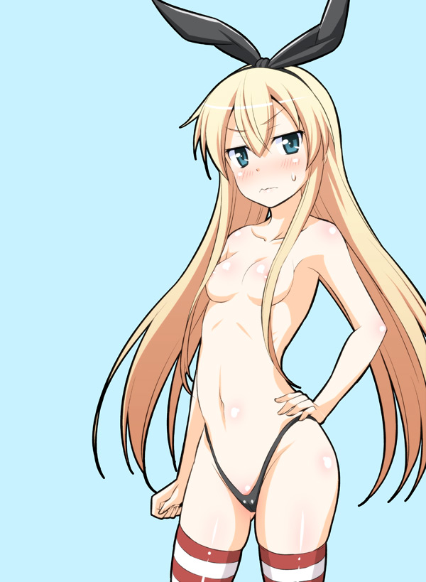 black_panties blonde_hair blush breasts elbow_gloves gloves hair_censor hair_over_breasts hairband hand_on_hip highleg highleg_panties kantai_collection long_hair looking_at_viewer navel panties shimakaze_(kantai_collection) simple_background small_breasts solo striped striped_legwear thighhighs tomokichi topless underwear white_gloves