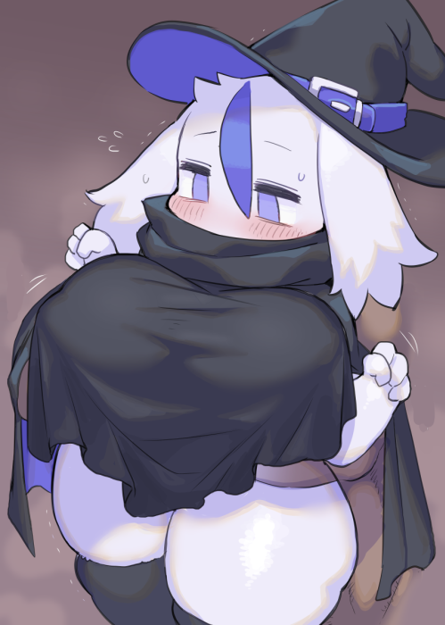 anthro biped blue_eyes blush breasts clothed clothing female fur hat headgear headwear lagomorph leporid mammal nipple_outline rabbit rikose solo white_body white_fur witch_hat