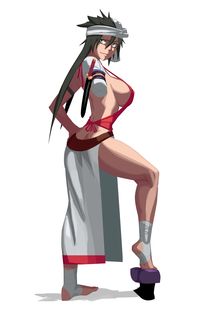 amputee ankle_wrap backless_outfit bandages barefoot black_hair bleach breasts butt_crack full_body grey_eyes hand_on_hip headband large_breasts legs long_hair long_skirt morganagod no_bra shiba_kuukaku short_sword side_slit sideboob simple_background skirt solo sword weapon white_background