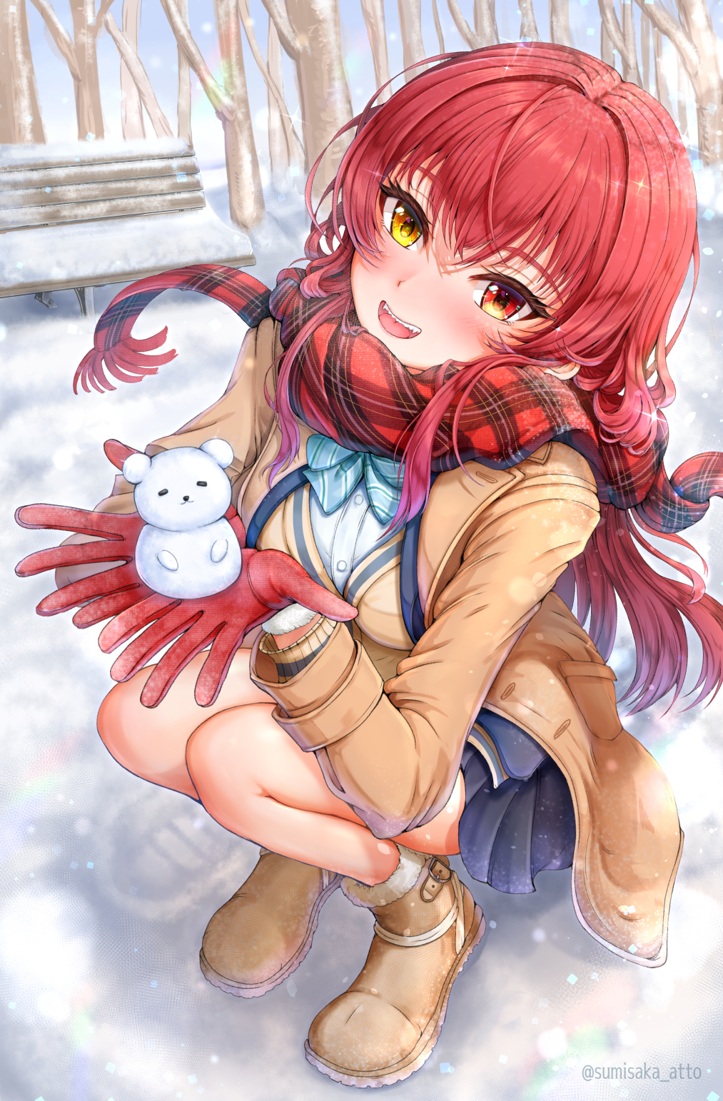 1girl bench blue_skirt blush boots breasts brown_footwear coat gloves heterochromia highres hololive houshou_marine houshou_marine_(school_uniform) large_breasts long_hair looking_at_viewer napozouattop open_mouth red_coat red_eyes red_gloves red_hair red_scarf scarf shirt skirt smile snow solo teeth tree upper_teeth_only virtual_youtuber white_shirt winter yellow_eyes