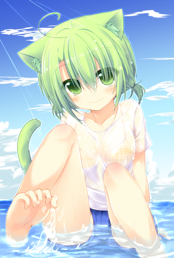 ahoge animal_ears barefoot bra cat_ears cat_tail dodome-iro_mayonnaise green_eyes green_hair original partially_submerged see-through sharon_(dodomayo) short_hair sitting solo tail toe_scrunch underwear water wet wet_clothes