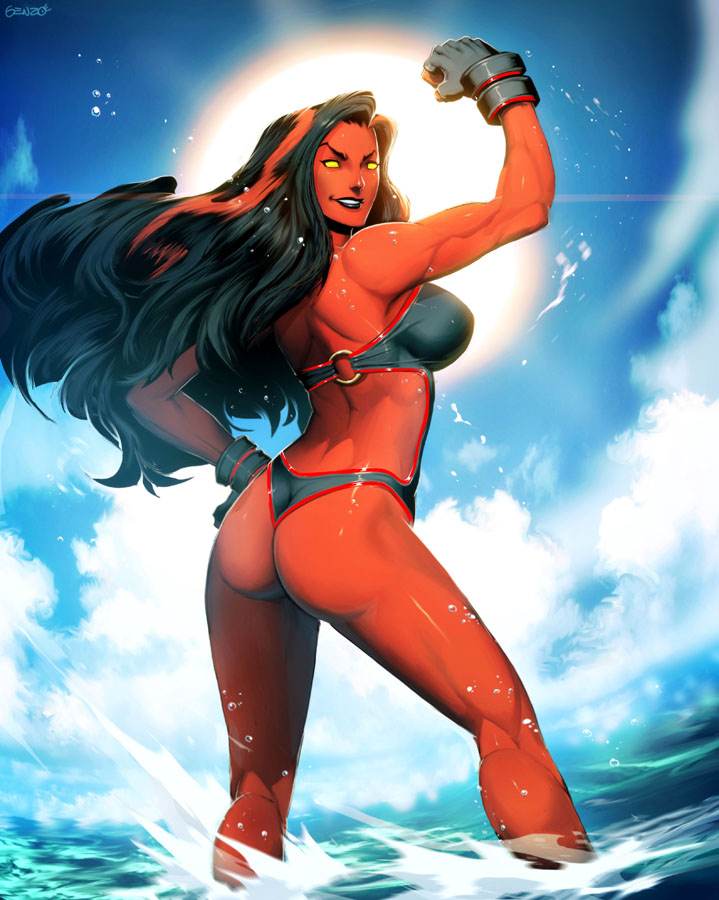 ass back_cutout betty_ross bikini black_hair black_lipstick fingerless_gloves flexing genzoman gloves hand_on_hip lens_flare lipstick long_hair makeup marvel multicolored_hair no_pupils ocean one-piece_swimsuit pose red_hair red_she-hulk red_skin solid_eyes solo streaked_hair sun swimsuit toned two-tone_hair water yellow_eyes