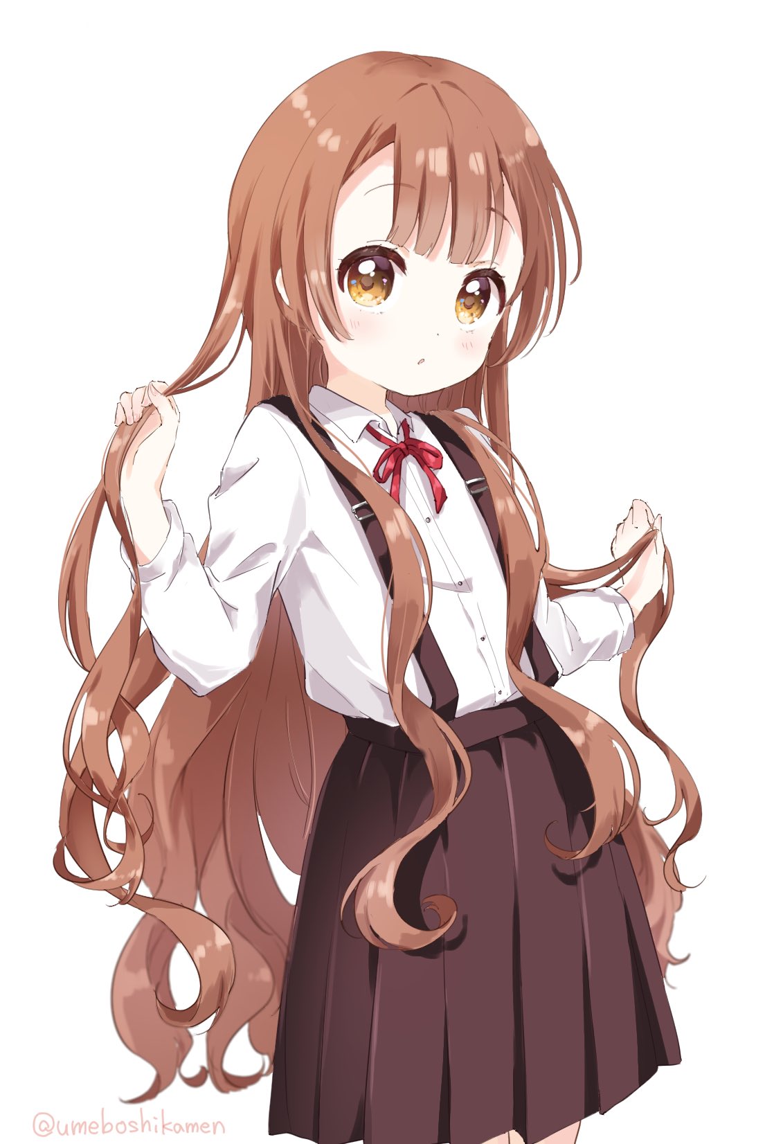 1girl black_skirt blush bow bowtie brown_eyes brown_hair buttons child collared_shirt highres holding holding_hair looking_at_viewer mearian oomuro-ke oomuro_hanako open_mouth pleated_skirt red_bow red_bowtie shirt simple_background skirt solo suspender_skirt suspenders twitter_username white_background white_shirt yuru_yuri