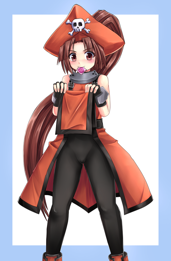 brown_eyes brown_hair condom condom_in_mouth guilty_gear hat long_hair may_(guilty_gear) mouth_hold orange_hat orange_shirt pantyhose pirate_hat ponytail saba_kan shirt smile solo very_long_hair