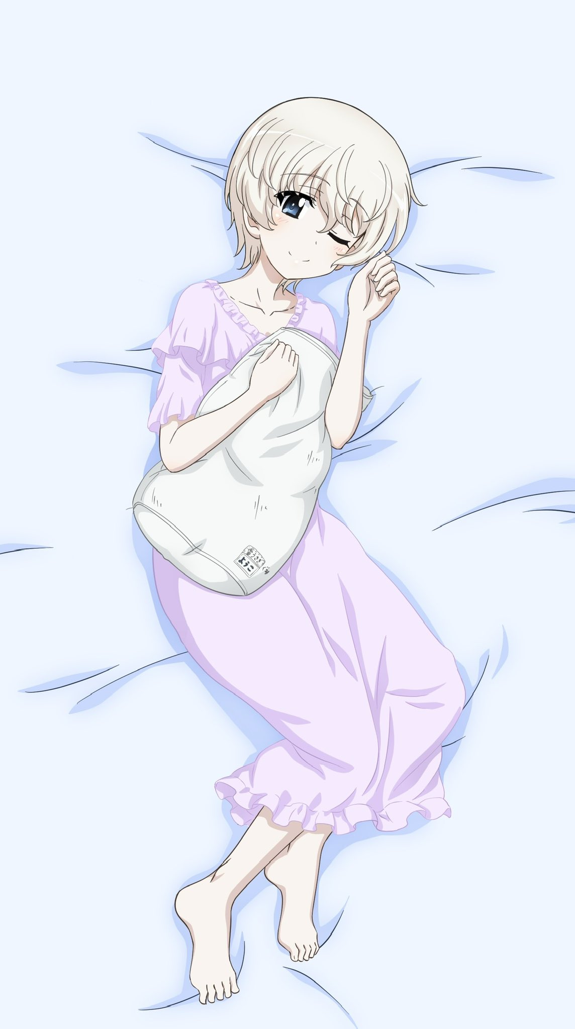 1girl barefoot blue_eyes blush breasts closed_mouth collarbone girls_und_panzer highres key_(gaigaigai123) looking_at_viewer lying one_eye_closed pajamas purple_pajamas short_hair small_breasts smile solo white_hair youko_(girls_und_panzer)
