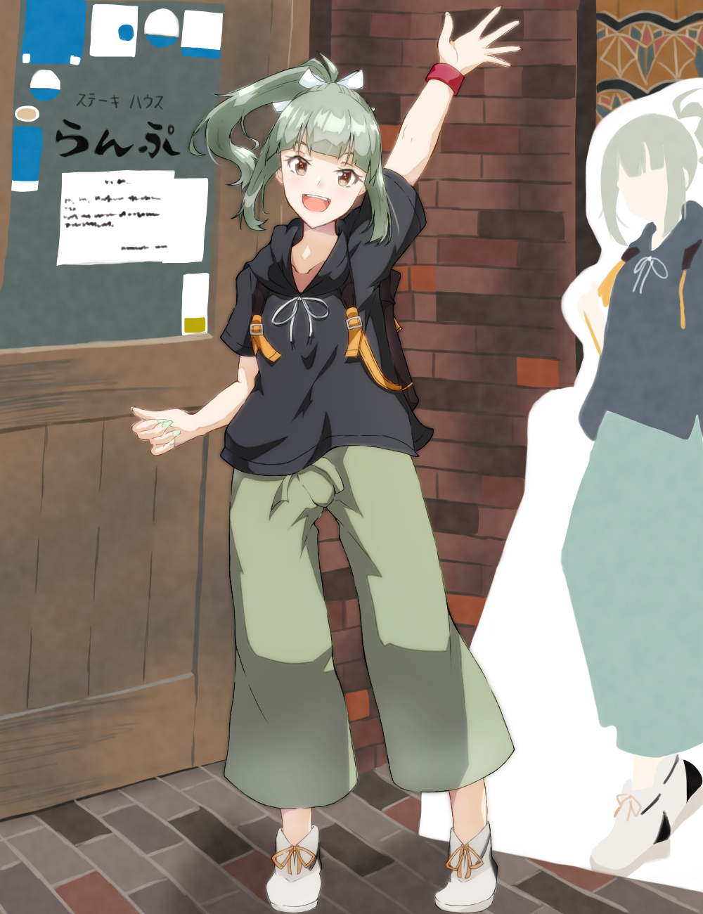 1girl backpack bag berukuto_(berukuto_47) black_shirt brown_eyes door full_body grey_hair grey_pants hair_ribbon highres hooded_shirt kantai_collection long_hair meta official_alternate_costume pants pink_wristband ponytail ribbon shirt shoes sneakers solo waving white_footwear yuubari_(kancolle) yuubari_kai_ni_(kancolle)