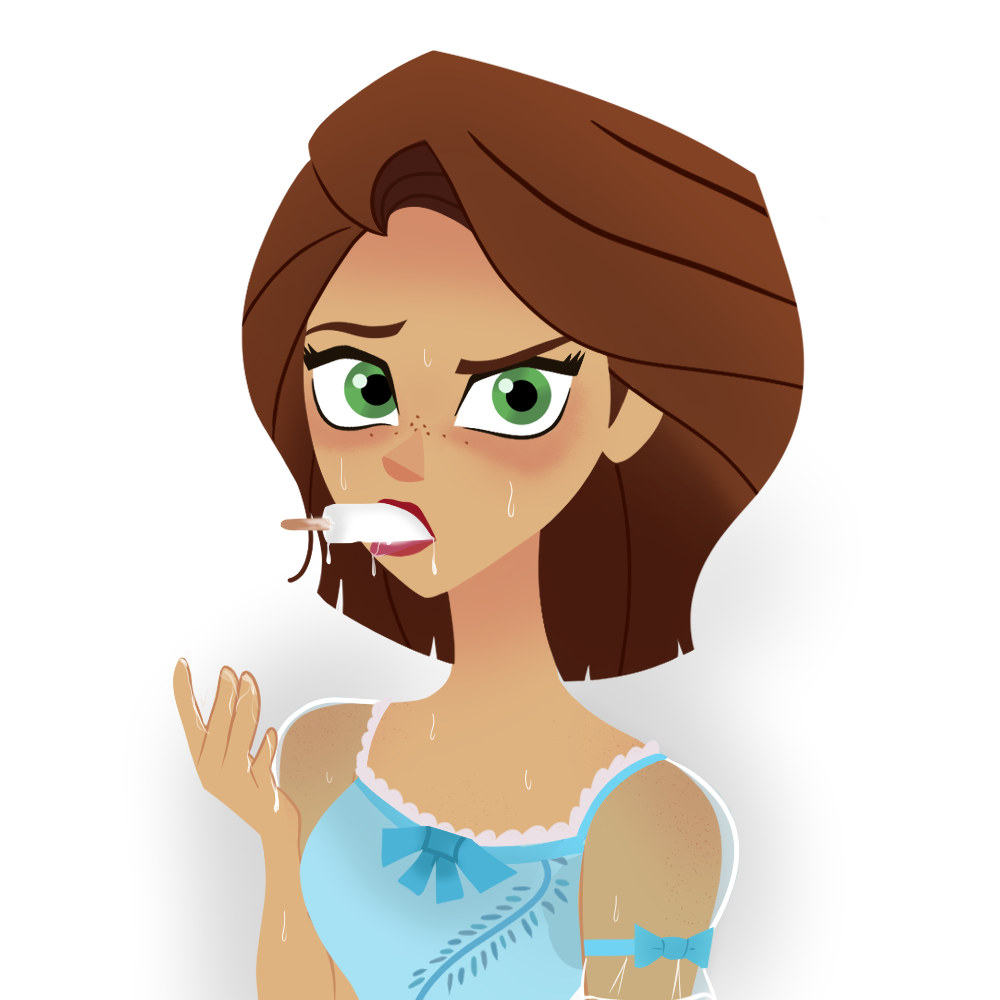 1girl blue_dress bow brown_hair disney dress dripping food food_in_mouth freckles green_eyes grey_background hot lace lace-trimmed_dress lace_trim looking_at_viewer melting oracle_(pixiv_34419145) popsicle popsicle_in_mouth raised_eyebrow rapunzel see-through see-through_sleeves short_hair simple_background sleeve_bow sweat tan tangled toon_(style) upper_body