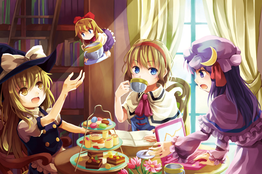 alice_margatroid ascot black_dress blonde_hair blue_dress blue_eyes book bookshelf bow cake capelet chair cookie crescent cup curtains dress drinking flower flying food hair_bow hairband hat indoors kirisame_marisa long_hair long_sleeves macaron multiple_girls niichi_(komorebi-palette) open_mouth patchouli_knowledge puffy_sleeves purple_dress purple_eyes purple_hair shanghai_doll short_sleeves sitting smile table teacup tiered_tray touhou very_long_hair wide_sleeves window witch_hat yellow_eyes