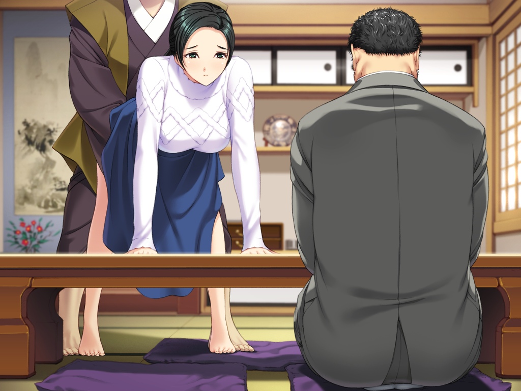 1girl all_fours audience barefoot bent_over black_eyes black_hair blush breasts cheating clothed_sex doggystyle feet game_cg highres japanese_clothes kimono large_breasts maro_no_kanja_ha_gatenkei_2 multiple_boys netorare no_panties sex short_hair sitting skirt skirt_lift sweater table tiptoes toes vaginal
