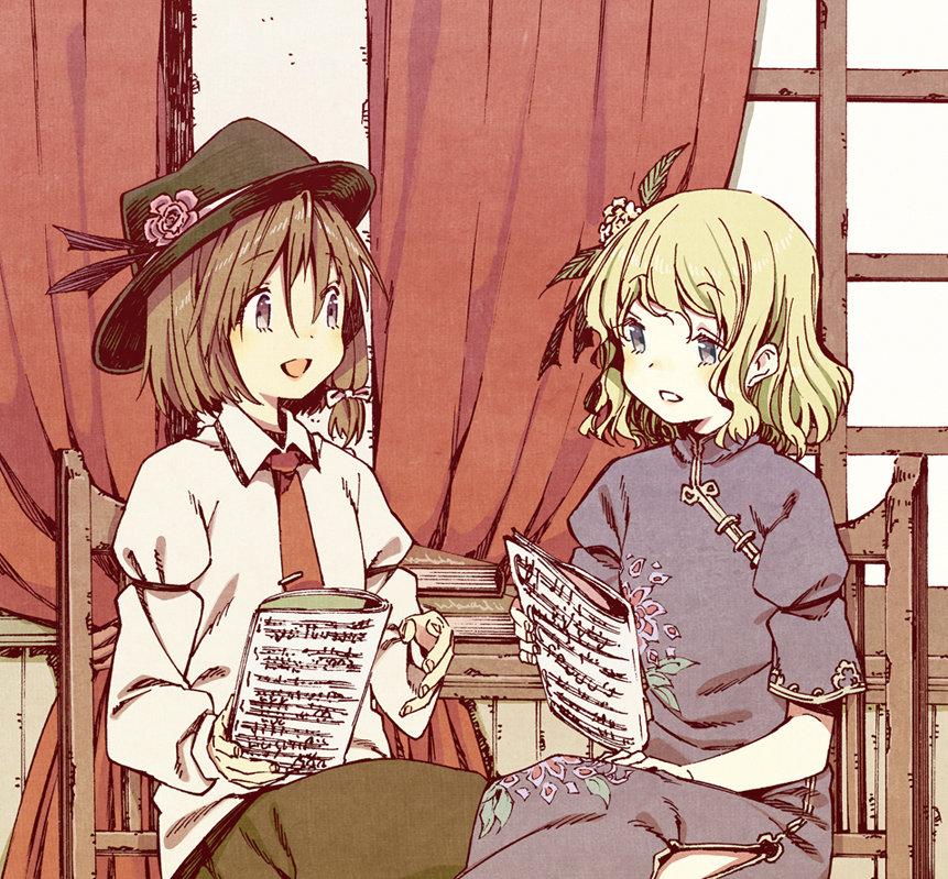 abara_heiki alternate_costume armband bad_id bad_pixiv_id blonde_hair blue_eyes book brown_hair chair china_dress chinese_clothes curtains dress dress_shirt flower grey_eyes hair_flower hair_ornament hand_on_lap hat hat_flower long_sleeves looking_at_another maribel_hearn millipen_(medium) multiple_girls necktie nib_pen_(medium) open_mouth parted_lips sheet_music shirt short_hair short_sleeves table tie_clip touhou traditional_media usami_renko window