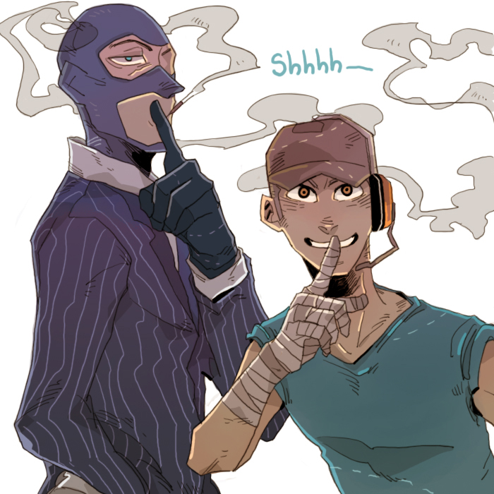 2boys balaclava bandages cigarette finger_to_mouth formal gloves hat headset male_focus mouth_hold multiple_boys necktie shushing simple_background smoke smoking suit team_fortress_2 the_scout the_spy white_background