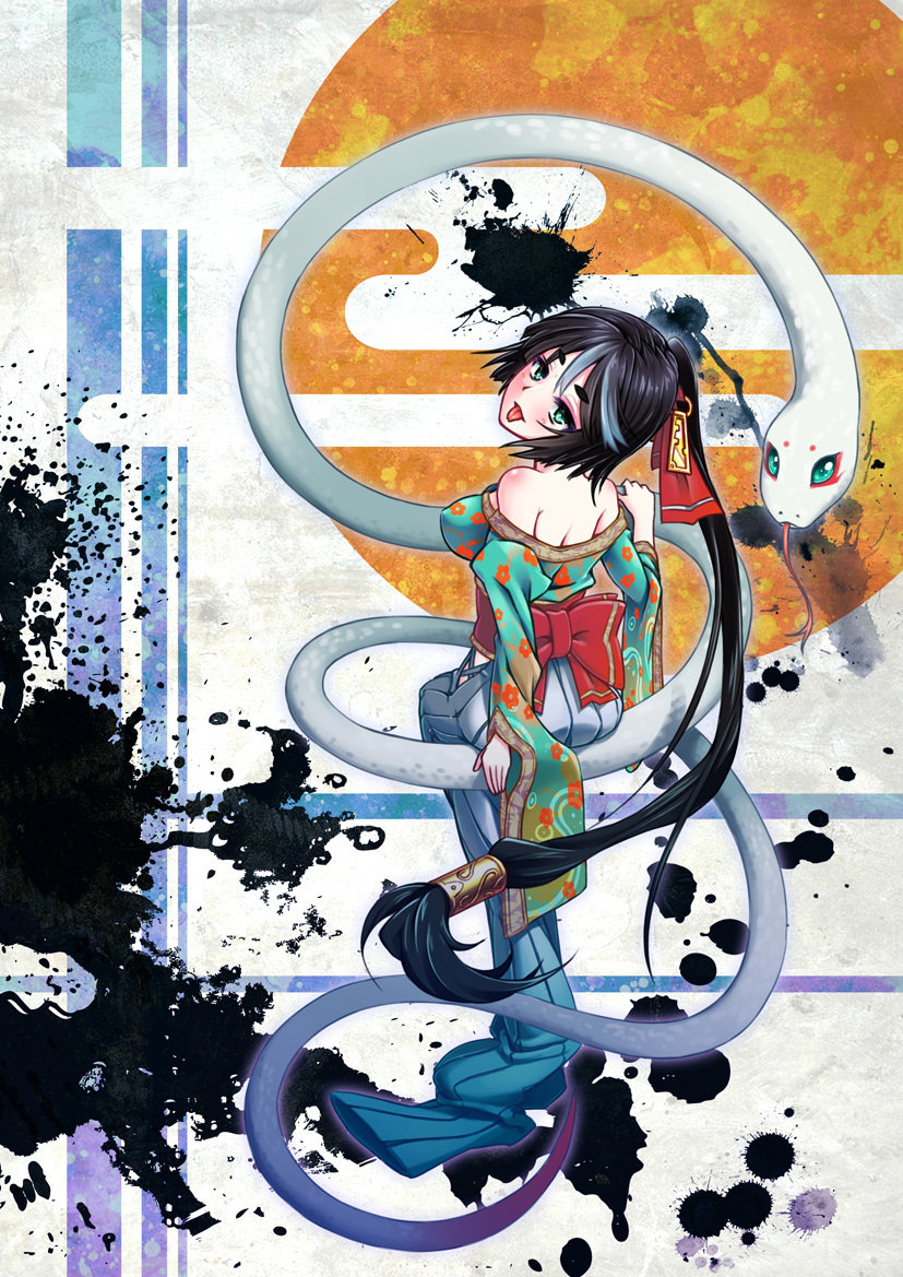 2013 :p aqua_eyes bare_shoulders black_hair higurashi_aki lamia long_hair looking_back monster_girl new_year original ponytail sitting snake solo tongue tongue_out very_long_hair