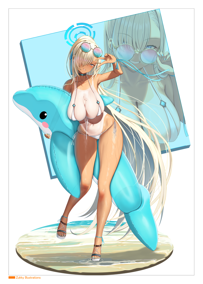 1girl alternate_costume asuna_(blue_archive) bare_shoulders bikini blue_archive blue_eyes blue_ribbon blush breasts cleavage collarbone commentary_request eyewear_on_head feet full_body grin hair_over_one_eye hair_ribbon halo inflatable_dolphin inflatable_toy large_breasts legs light_brown_hair long_hair looking_at_viewer micro_bikini nail_polish navel partial_commentary ribbon round_eyewear sandals sideboob smile solo sunglasses swimsuit tan tanlines tinted_eyewear toenail_polish toenails toes v very_long_hair white_background zukky