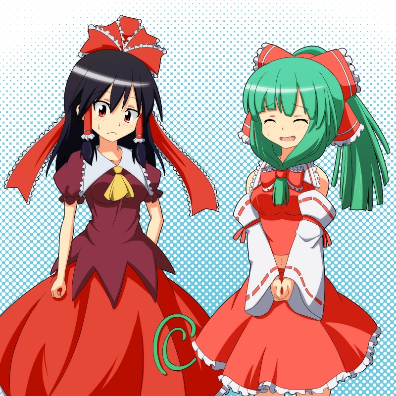 :&lt; ^_^ ascot black_hair bow breasts cato_(monocatienus) closed_eyes color_connection cosplay costume_switch detached_sleeves frilled_skirt frills front_ponytail frown green_hair hair_bow hair_ribbon hair_tubes hakurei_reimu hakurei_reimu_(cosplay) halftone halftone_background kagiyama_hina kagiyama_hina_(cosplay) medium_breasts multiple_girls navel open_mouth puffy_short_sleeves puffy_sleeves red_eyes ribbon short_sleeves skirt small_breasts sweatdrop touhou v_arms