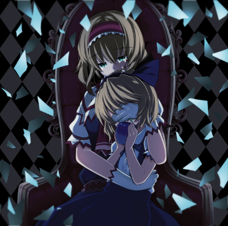 album_cover alice_margatroid alice_margatroid_(pc-98) apple blindfold blonde_hair blue_apple blurry bow broken_glass checkered checkered_background cover depth_of_field dual_persona food fruit glass gloves green_eyes hair_bow hair_ribbon multiple_girls ribbon rondo_umigame sitting tears throne time_paradox touhou touhou_(pc-98)