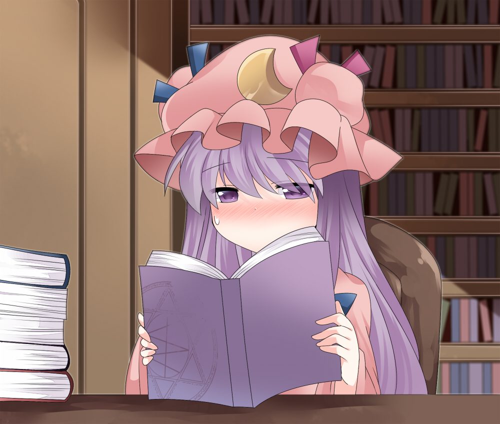 blush book bookshelf chair check_translation commentary crescent desk hammer_(sunset_beach) hat long_hair magic_circle patchouli_knowledge purple_eyes purple_hair reading sitting solo touhou translation_request upper_body