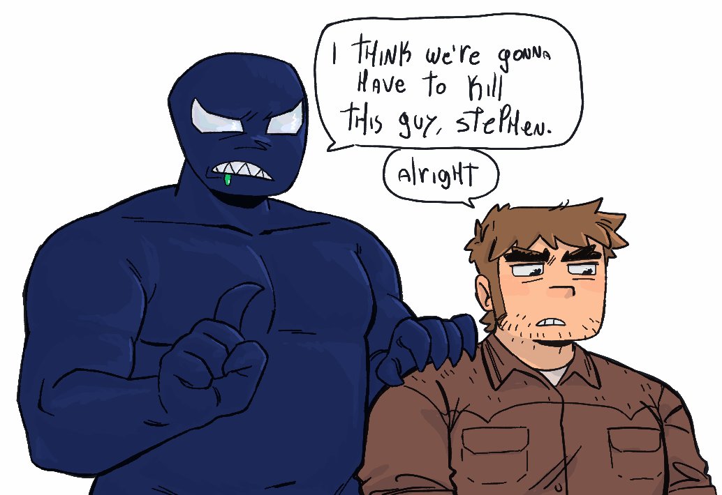 2boys alternate_muscle_size bara beard_stubble belly brown_hair crossover english_text forked_eyebrows hand_on_another's_shoulder height_difference i_think_we're_gonna_have_to_kill_this_guy_steven_(meme) long_sideburns long_sleeves looking_down male_focus marvel meme multiple_boys navel no_nipples nude null_(mr_not_null) plump scott_pilgrim_(series) scott_pilgrim_takes_off sharp_teeth short_hair sideburns size_difference sparse_stubble speech_bubble spider-man_(series) stephen_stills symbiote teeth thick_eyebrows upper_body v-shaped_eyes venom_(marvel)