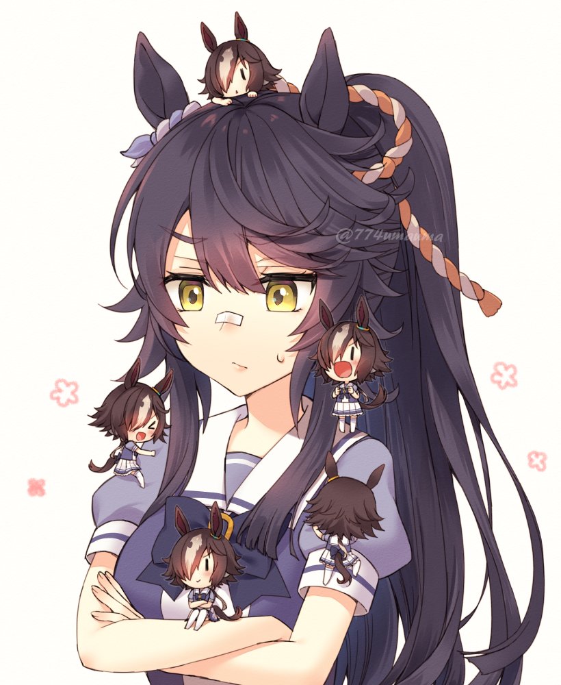&gt;_o 2girls animal_ears back_bow bandaid bandaid_on_face bandaid_on_nose black_hair bow brown_hair chibi climbing closed_mouth commentary_request crossed_arms ear_ornament hair_between_eyes hair_ornament horse_ears horse_girl horse_tail long_hair multiple_girls nanashi_(774umauma) narita_brian_(umamusume) one_eye_closed open_mouth pleated_skirt ponytail puffy_short_sleeves puffy_sleeves purple_bow purple_shirt rope sailor_collar school_uniform shimenawa shirt short_sleeves simple_background sitting skirt smile sweatdrop tail thighhighs tracen_school_uniform umamusume vodka_(umamusume) white_background white_skirt white_thighhighs yellow_eyes