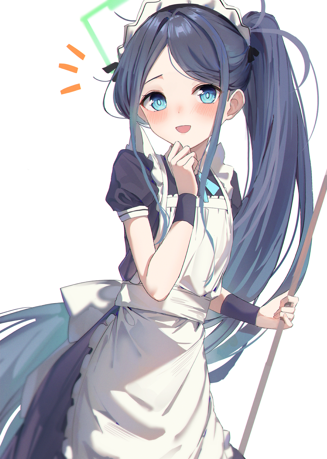 1girl :d absurdly_long_hair apron aqua_ribbon aris_(blue_archive) aris_(maid)_(blue_archive) black_dress black_hair black_wristband blue_archive blue_eyes commentary_request dress frilled_apron frills green_halo halo hand_on_own_chin highres holding holding_mop long_hair lookhow maid maid_apron maid_headdress mop notice_lines official_alternate_costume open_mouth parted_bangs ponytail puffy_short_sleeves puffy_sleeves ribbon short_sleeves simple_background smile solo square_halo very_long_hair white_apron white_background