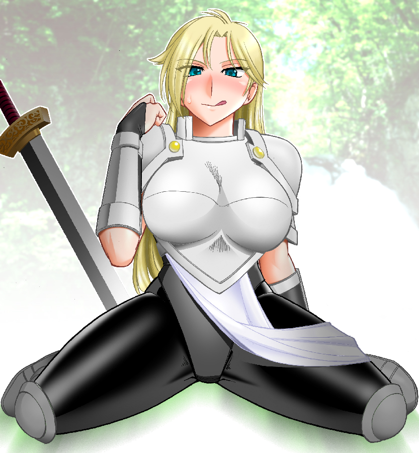 1girl armor bad_source black_pantyhose blonde_hair blue_eyes blush breastplate breasts bridal_gauntlets curvy elbow_gloves forest gloves janne_d'arc large_breasts light_smile long_hair looking_at_viewer mokkouyou_bond nature pantyhose pauldrons shoulder_armor sitting snk spread_legs sweat sword thighhighs tongue tongue_out weapon world_heroes