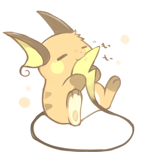 =_= animal_focus closed_eyes full_body hands_up konanbo no_humans pokemon pokemon_(creature) raichu simple_background sitting solo tail_in_mouth white_background