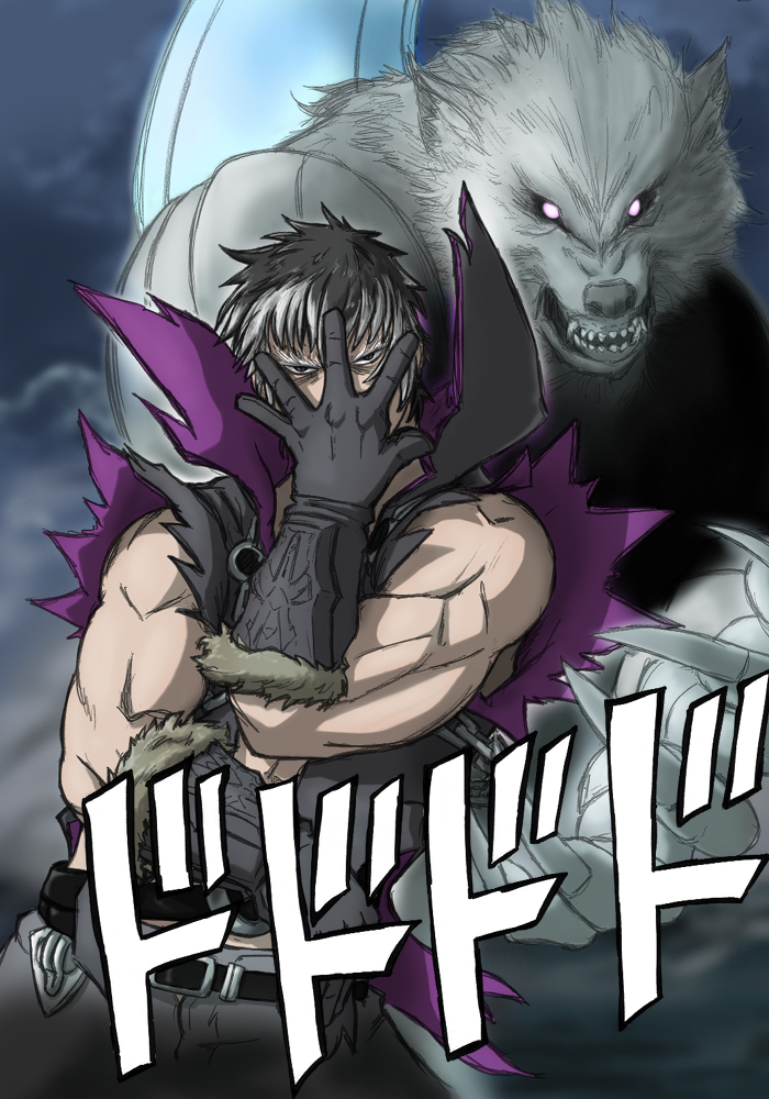 1boy belt black_gloves black_hair claws covering_face fur_trim gloves hand_on_own_face jojo_no_kimyou_na_bouken looking_at_viewer multicolored_hair muscle nigtouab open_clothes parody silver_hair soul_calibur soulcalibur_v teeth vest wolf zwei_(soulcalibur)