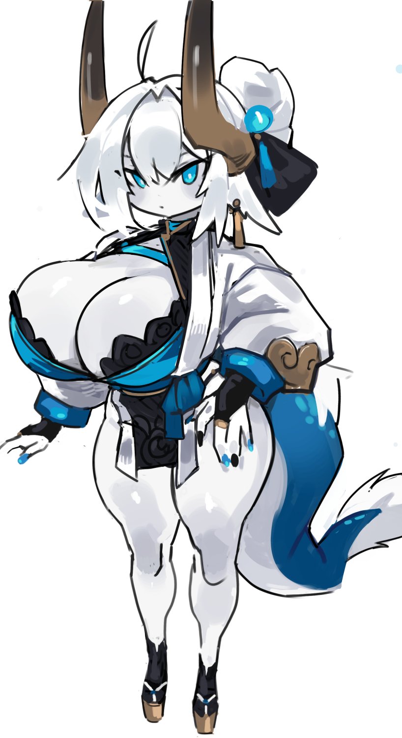 anthro big_breasts blue_body blue_eyes bra breasts cleavage clothed clothing dragon female hair hand_on_leg hand_on_thigh hi_res horn huge_breasts looking_at_viewer multicolored_body short_stack simple_background solo standing tail thick_thighs underwear unknown_character white_body white_hair zanamaoria