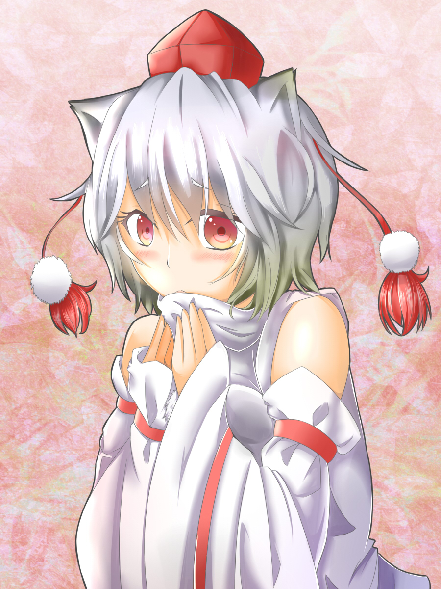 animal_ears blush covering_mouth detached_sleeves gradient gradient_background hat high_collar highres inubashiri_momiji looking_at_viewer pom_pom_(clothes) red_eyes retorosoft silver_hair solo tokin_hat touhou wolf_ears