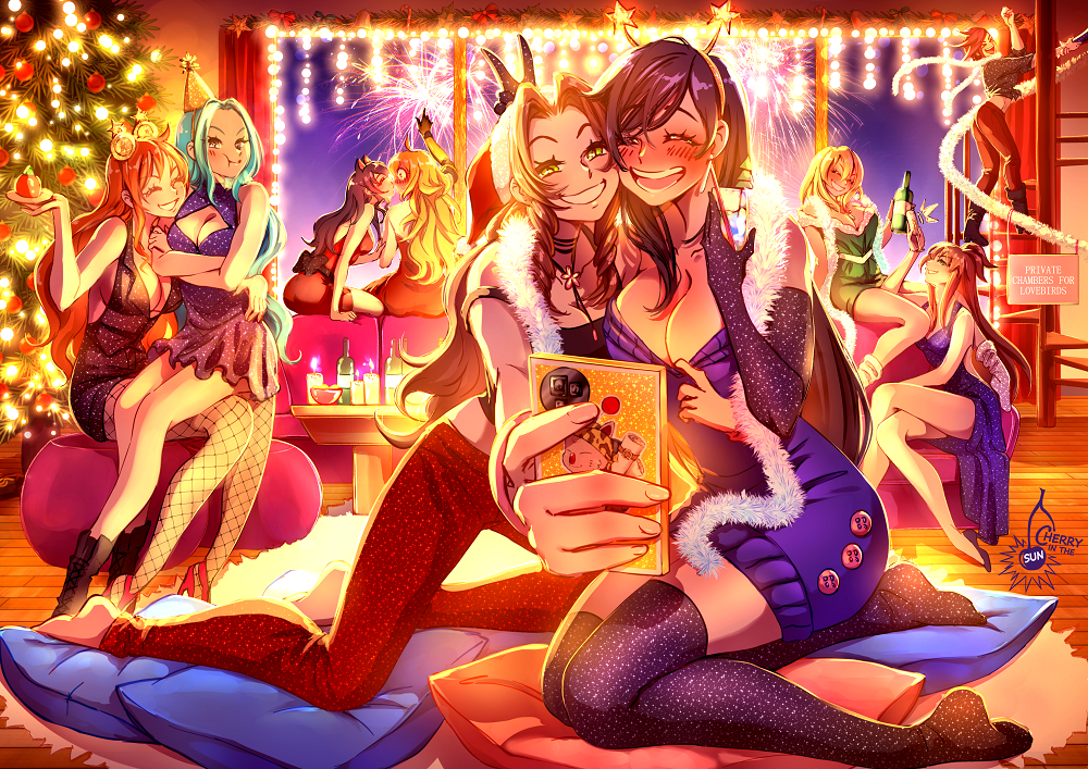 6+girls aerith_gainsborough arcane:_league_of_legends arcane_caitlyn arcane_vi artist_name barefoot black_hair blake_belladonna blonde_hair blue_hair blush boots bottle breasts bunny_ears_prank caitlyn_(league_of_legends) candle cherry_in_the_sun christmas_tree cleavage closed_eyes couch couple crossover dress english_commentary english_text final_fantasy final_fantasy_vii fireworks fishnet_thighhighs fishnets green_eyes hat indoors kiss large_breasts league_of_legends long_hair multiple_crossover multiple_girls nami_(one_piece) naruto naruto_(series) nefertari_vivi night no_shoes one_piece orange_hair pants pillow pout red_eyes red_hair rwby santa_hat shoes sign sitting sitting_on_lap sitting_on_person smile stairs surprise_kiss surprised teeth terumi_mei thighhighs tifa_lockhart tsunade_(naruto) vi_(league_of_legends) wooden_floor yang_xiao_long yuri