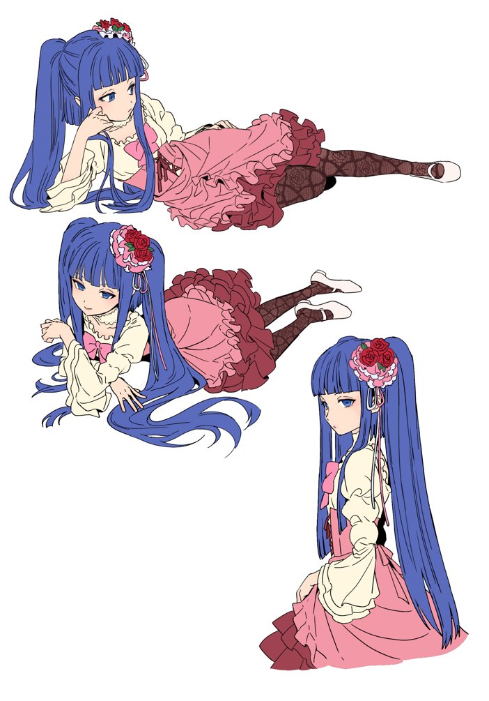1girl blue_eyes blue_hair bow brown_pantyhose choker closed_mouth collarbone cross-laced_clothes cross-laced_skirt dot_nose expressionless flat_chest flower frilled_skirt frills from_above furudo_erika ganno hair_flower hair_ornament head_rest high-waist_skirt layered_skirt lolita_fashion long_hair long_sleeves looking_at_viewer looking_to_the_side lying mary_janes multiple_views on_side on_stomach pantyhose pink_bow pink_headwear pink_skirt print_pantyhose puffy_long_sleeves puffy_sleeves ribbon rose shoes sidelocks simple_background skirt skirt_hold smile standing twintails umineko_no_naku_koro_ni very_long_hair white_background white_footwear