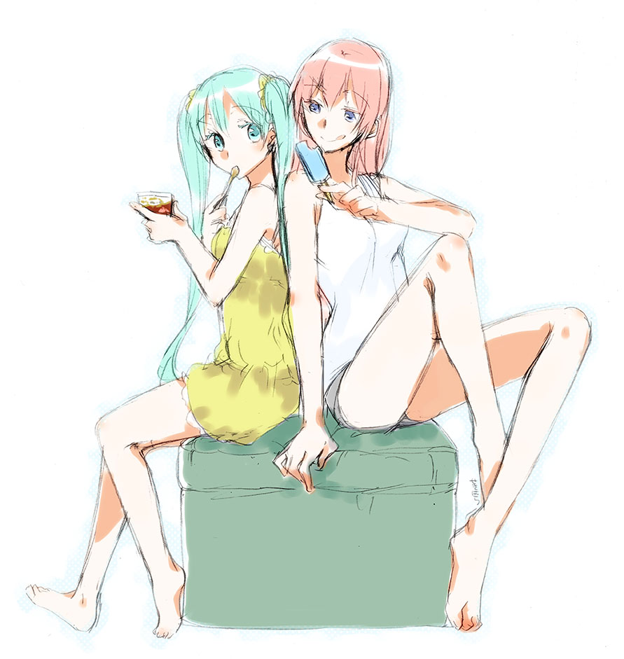 :q aqua_eyes aqua_hair arm_support artist_name back-to-back barefoot blue_eyes eating food full_body hatsune_miku ice_cream long_hair megurine_luka multiple_girls pink_hair popsicle sekihara_umina simple_background sitting sketch smile tongue tongue_out twintails vocaloid white_background