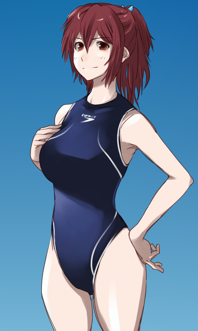 brown_hair competition_swimsuit free! long_hair matsuoka_gou one-piece_swimsuit ponytail red_eyes speedo_(company) suesan swimsuit