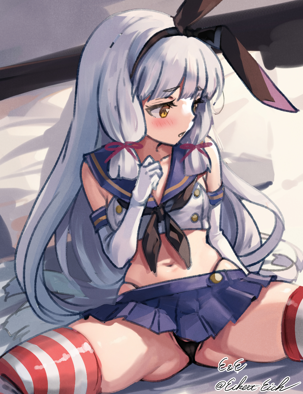 collarbone cosplay crop_top eckert&amp;eich elbow_gloves g-string gloves hair_ribbon highres kantai_collection long_hair murakumo_(kancolle) navel ribbon shimakaze_(kancolle) shimakaze_(kancolle)_(cosplay) sidelocks skindentation spread_legs thighhighs thong tress_ribbon very_long_hair white_gloves white_hair yellow_eyes