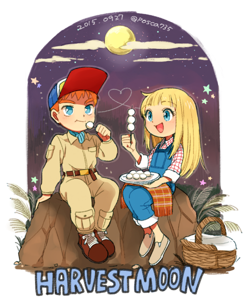 1boy 1girl :d ;t arm_support basket belt blonde_hair blue_eyes blue_overalls blue_pants blush bokujou_monogatari boots border brown_belt brown_footwear brown_jumpsuit claire_(bokujou_monogatari) closed_mouth cloud collared_shirt commentary_request copyright_name dango eating food full_moon gray_(bokujou_monogatari) hat heart holding holding_food holding_plate jumpsuit long_hair long_sleeves moon night night_sky open_mouth orange_hair outdoors outside_border overalls pants plant plate posca red_shirt rock shirt shoes short_hair sitting sitting_on_rock sky sleeves_rolled_up smile star_(sky) starry_sky thick_eyebrows wagashi white_border white_shirt wing_collar