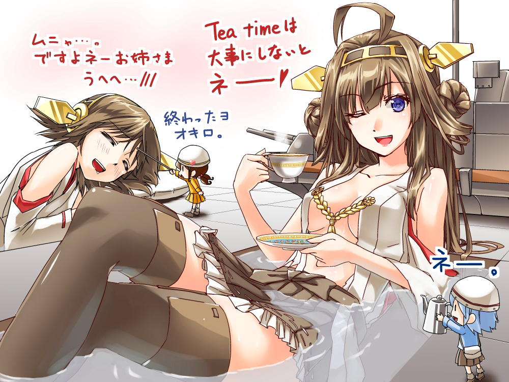abo_(hechouchou) ahoge blue_eyes braid breasts brown_hair cleavage closed_eyes cup damage_control_crew_(kantai_collection) detached_sleeves drooling giantess hairband helmet hiei_(kantai_collection) japanese_clothes kantai_collection kongou_(kantai_collection) machinery medium_breasts multiple_girls one_eye_closed open_clothes open_shirt poking shirt sleeping tea teapot thighhighs translated turret zettai_ryouiki
