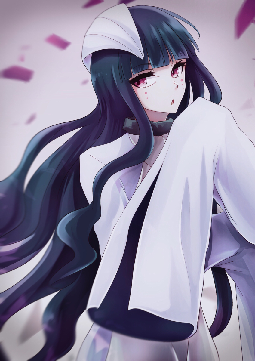 1girl black_choker black_hair bleach blunt_bangs blurry_edges choker commentary_request cowboy_shot cyan_sung-sun eyelashes floating_hair highres long_hair looking_at_viewer nose open_mouth pink_eyes resurreccion shirt sidelocks simple_background sleeves_past_fingers sleeves_past_wrists solo sumire_1046 very_long_hair vignetting wavy_hair white_shirt wide_sleeves