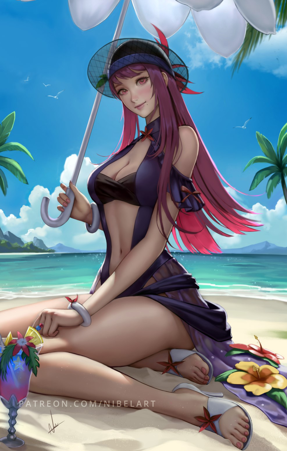 1girl beach blue_one-piece_swimsuit breasts casual_one-piece_swimsuit cleavage clothing_cutout dress_swimsuit fire_emblem fire_emblem_engage fire_emblem_heroes flower flower_umbrella hat hat_flower highres ivy_(fire_emblem) ivy_(summer)_(fire_emblem) long_hair looking_at_viewer medium_breasts nibelart ocean official_alternate_costume one-piece_swimsuit outdoors sand see-through_headwear smile stomach_cutout sun_hat swimsuit tropical_drink umbrella_flower
