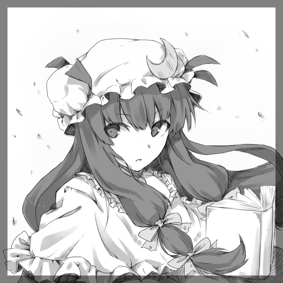book crescent greyscale hat long_hair monochrome patchouli_knowledge satsumi simple_background solo touhou white_background