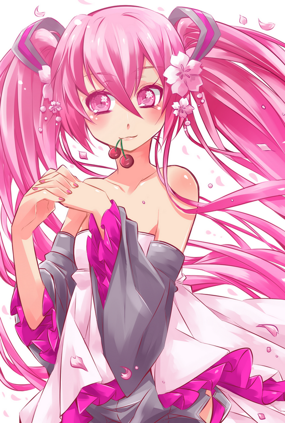 bare_shoulders cherry detached_sleeves food fruit harine hatsune_miku interlocked_fingers long_hair mouth_hold petals pink_eyes pink_hair sakura_miku solo twintails very_long_hair vocaloid