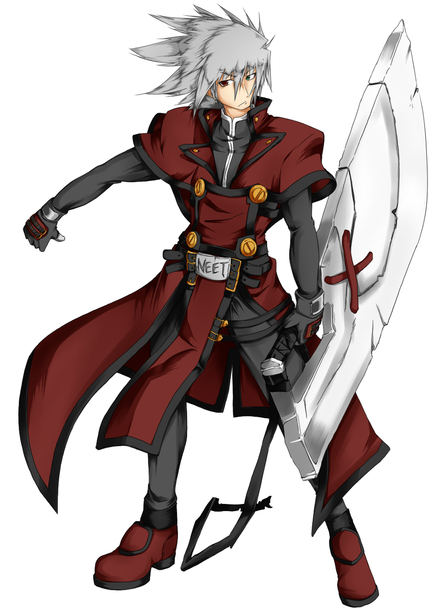 blazblue cosplay costume_switch dokkanohukukaityou guilty_gear heterochromia highres huge_weapon image_sample male_focus md5_mismatch order-sol order-sol_(cosplay) pixiv_sample ragna_the_bloodedge sol_badguy solo sword weapon