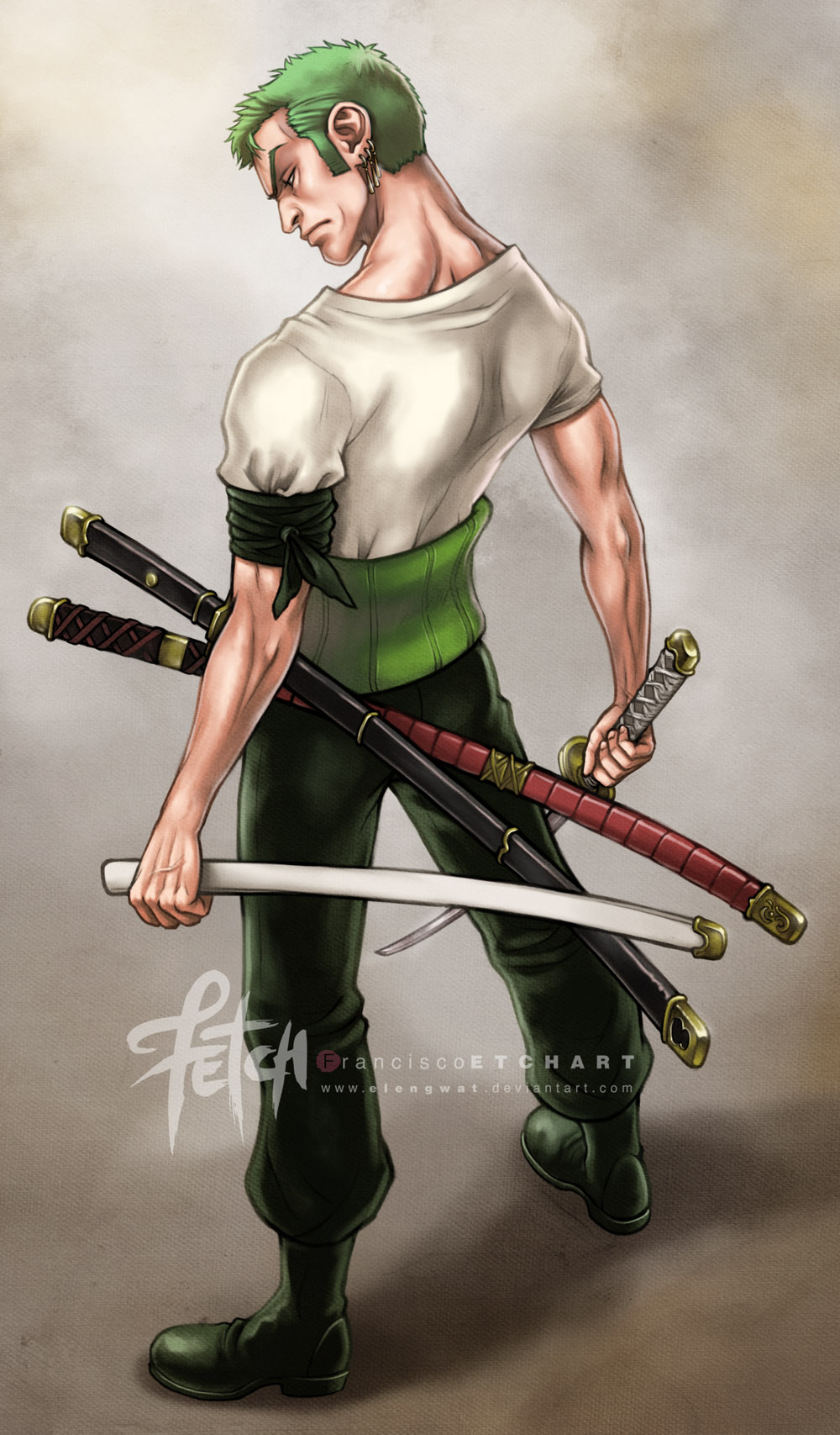1boy artist_name bandana_around_arm closed_mouth commentary earrings english_commentary franciscoetchart full_body green_hair highres holding holding_sheath holding_sword holding_weapon jewelry katana male_focus one_piece roronoa_zoro sheath shirt short_hair short_sleeves signature single_earring solo standing sword weapon web_address white_shirt